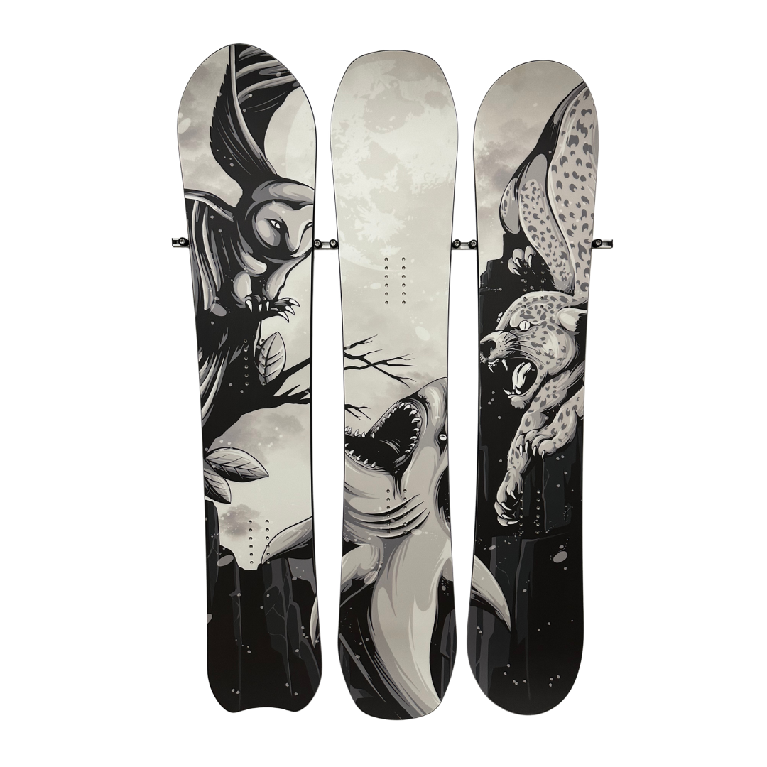 The Quiver by Kirwan — universal wall mount holding three snowboards