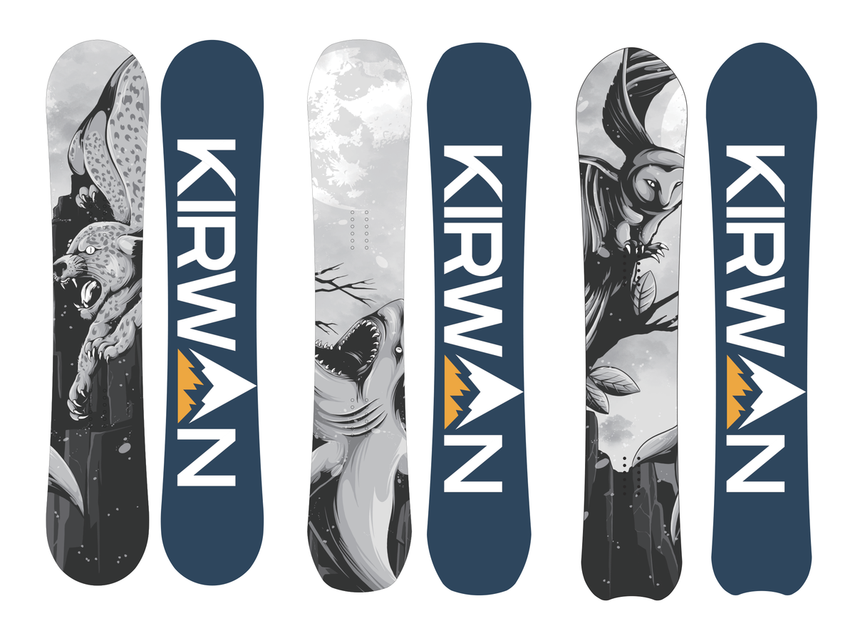 Three KIRWAN snowboards standing together